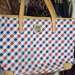 DOONEY BOURKE RED WHITE BLUE CANVAS MEDIUM TOTE *some spots leather